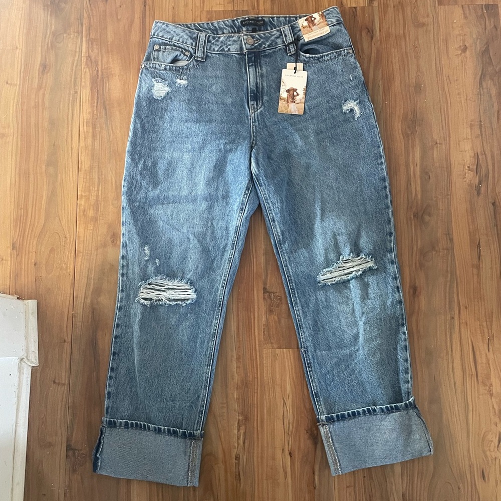 Sincerely Jules Blue Denim Cuffed Straight High Waisted Jeans. Size 13/31